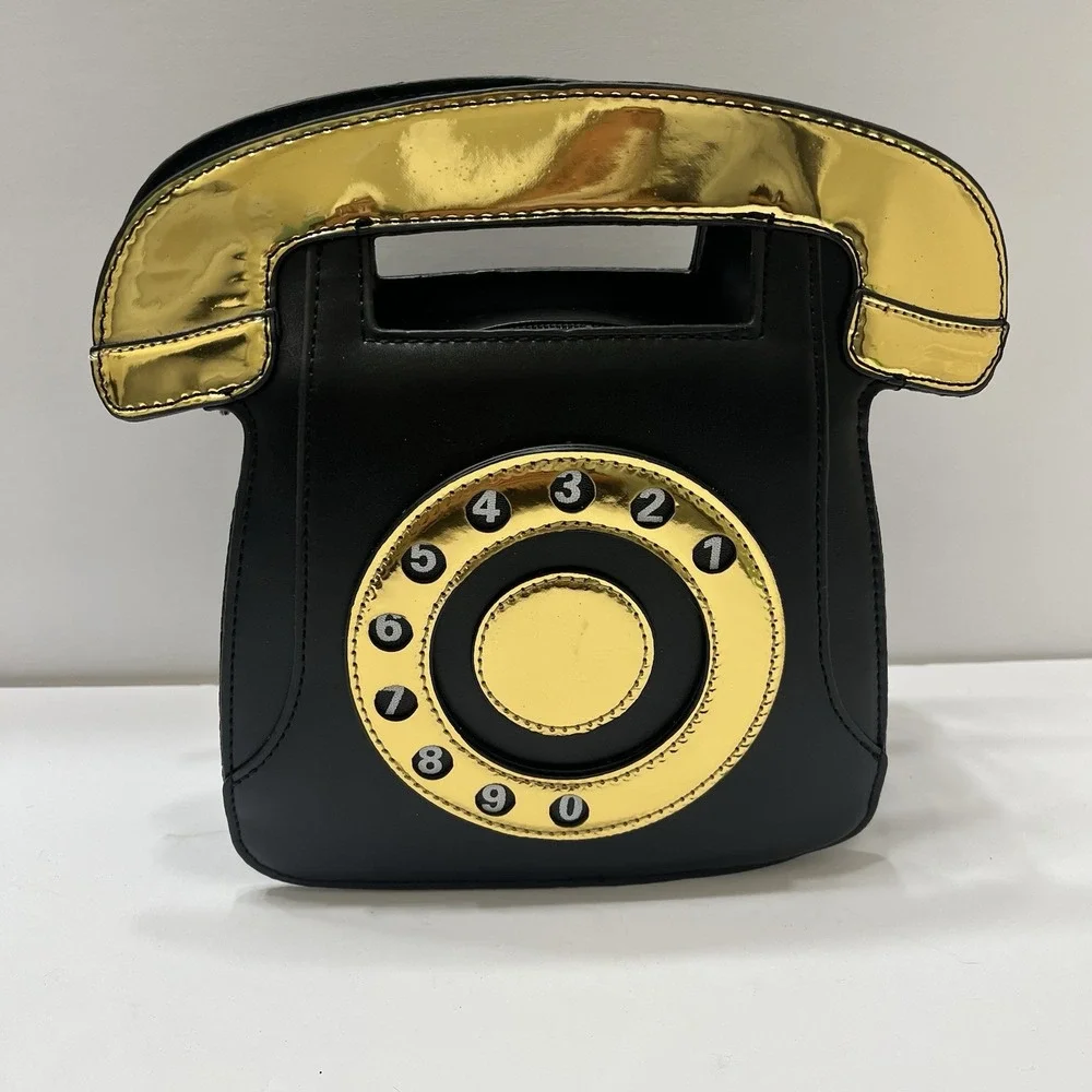 Retro Telephone Handbag Black Gold Crossbody Detachable Strap Gold Hardware 9x10